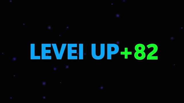 Level up pixel 82 displayed in pixelated text over a blck. Retro pixelated "Level Up" text glows with achievement, inspiring progress and victory. Motion graphics of gaming concept.