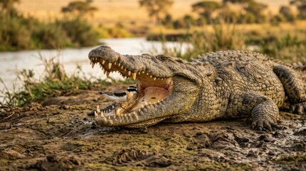 Obraz premium Large Crocodile with Open Mouth Resting Near Waters Edge in Natural Habitat.