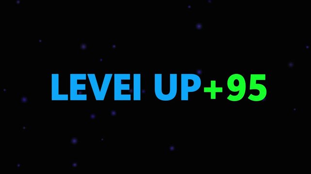 Level up pixel 95 displayed in pixelated text over a blck. Retro pixelated "Level Up" text glows with achievement, inspiring progress and victory. Motion graphics of gaming concept.