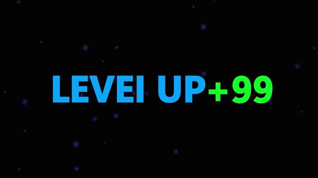 Level up pixel 99 displayed in pixelated text over a blck. Retro pixelated "Level Up" text glows with achievement, inspiring progress and victory. Motion graphics of gaming concept.