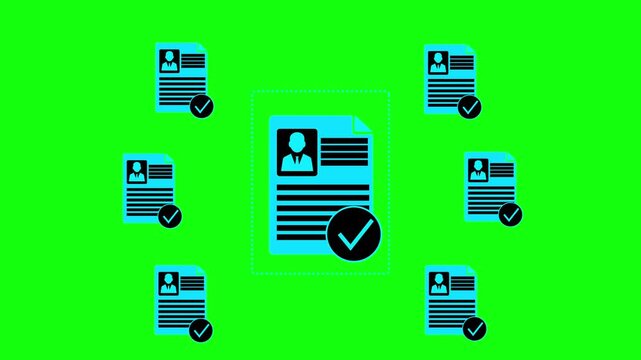 Close-up of person neon glow line with digital approved document icons signifying file verification and recruitment process completion. Motion graphics of personal document 