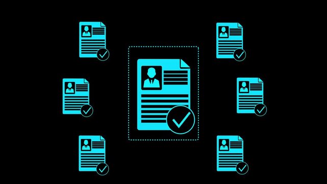 Close-up of person neon glow line with digital approved document icons signifying file verification and recruitment process completion. Motion graphics of personal 