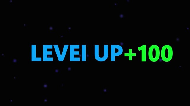 Level up pixel 100 displayed in pixelated text over a blck. Retro pixelated "Level Up" text glows with achievement, inspiring progress and victory. Motion graphics of gaming concept.