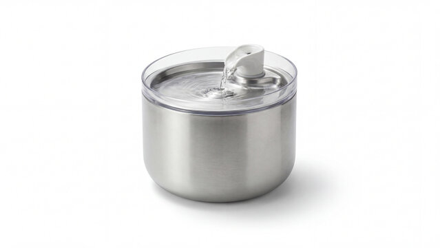 Modern stainless steel pet water fountain isolated on white background