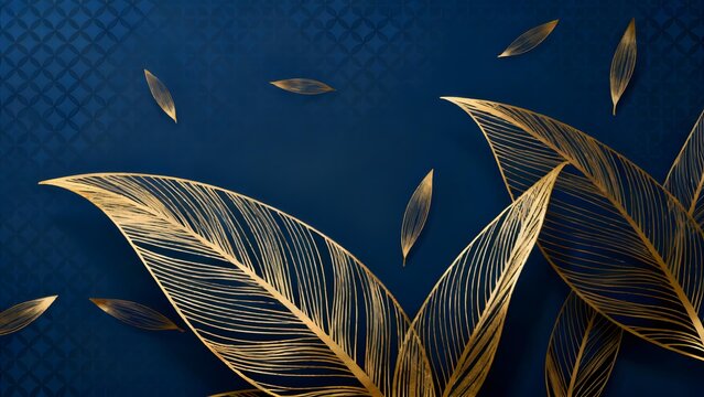 Golden leaves on a dark blue textured background with floating leaf elements
