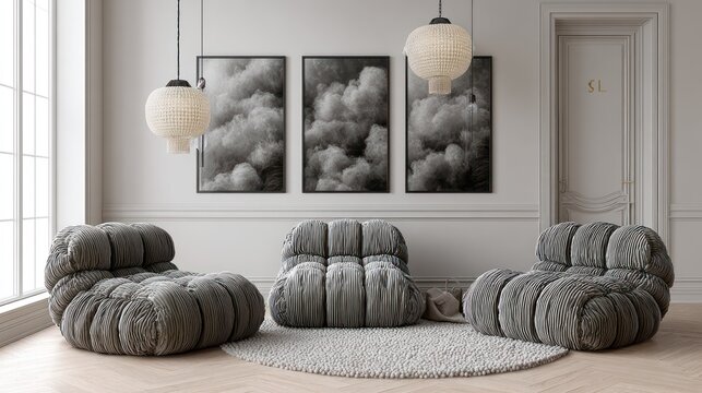 Three deeply textured gray lounge chairs sit on a round rug beneath hanging light fixtures in a bright room.