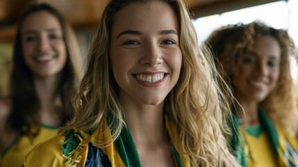 Fototapeta premium Three smiling young women wearing Brazilian flag colors, celebrating together