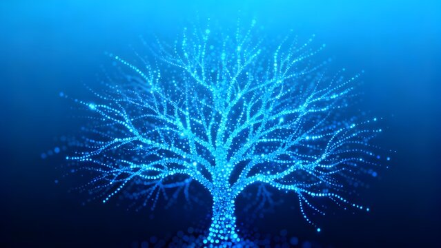 Glowing blue tree composed of light particles against a dark background