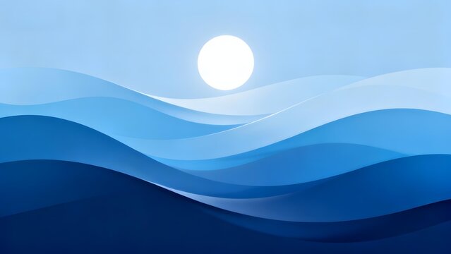 Abstract blue waves with a bright sun in the sky