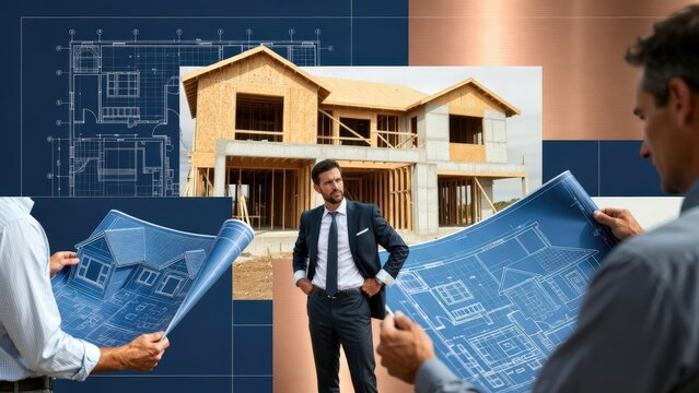 House construction and architectural blueprints presented as a visual concept for real estate development, construction services, and property investment marketing.