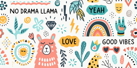 boho doodle art pattern with colorful llama © John Lee