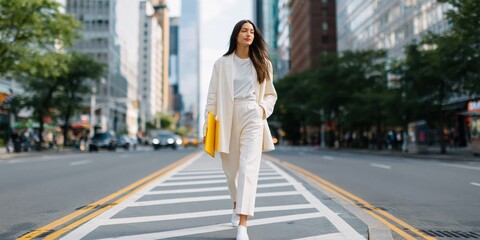 Fototapeta premium Woman walking confidently across city crosswalk with folder