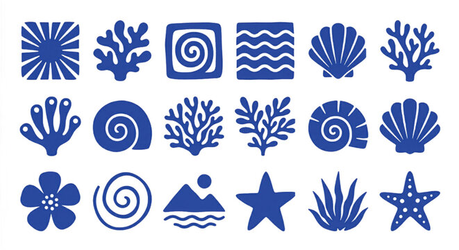 Nautical blue linocut icons set, 18 hand-drawn ocean life vector elements, organic sea shell and coral silhouettes for summer branding and coastal decor