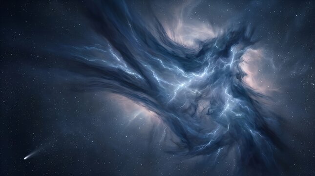 A stunning cosmic explosion occurs in a dark galaxy with swirling clouds of gas and dust.