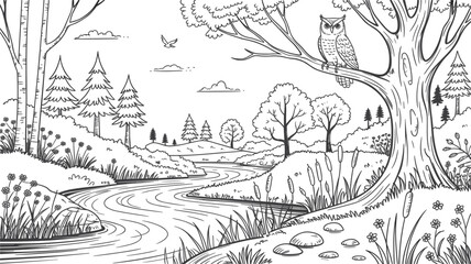 Fototapeta premium Detailed line drawing of a serene forest stream with an owl perched on a tree branch