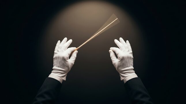 A top view of orchestra conductor hands holding a baton under dramatic stage spotlight. Concept classical music, leadership, artistic control, performance direction and cultural entertainment.