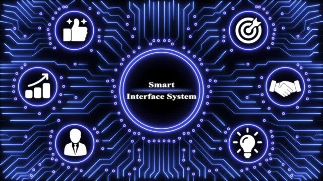 Smart interface system with glowing blue circuit board pattern and business