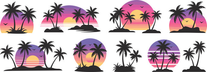 Tropical island sunsets with palm trees and birds in silhouette against vibrant gradient sky © Ismail
