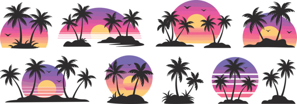 Tropical island sunsets with palm trees and birds in silhouette against vibrant gradient sky