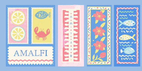 travel stamps with coastal motifs vector illustration © John Lee
