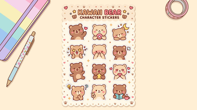 Bear character sticker sheet on a desk with stationery items
