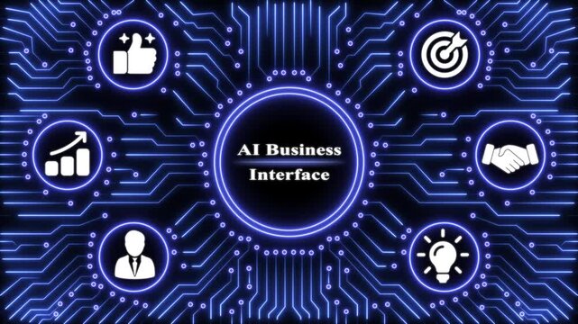 Ai business interface with glowing blue circuit board pattern and business