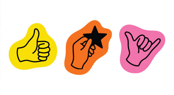 Minimalist hand gesture icons set, colorful thumbs up and shaka sign stickers, hand holding star rating symbol, modern vector line art illustrations