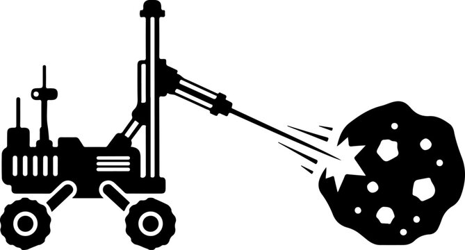 Black silhouette lunar rover, space exploration vehicle, asteroid mining concept, sci-fi illustration