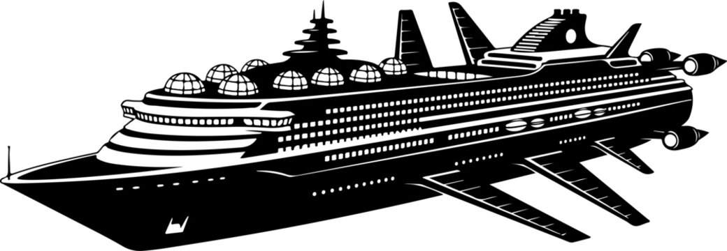 Black cruise ship, futuristic liner, sci-fi vessel, spaceship hybrid, vector illustration