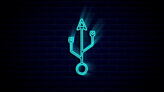 USB symbol neon glowing line animation on brick wall background.