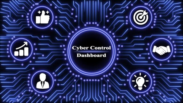 Cyber control dashboard with glowing blue circuitry and business management