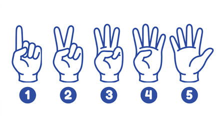 Fototapeta premium Blue line art hand gestures counting from one to five, numbered finger signs vector set, educational hand signals for preschool learning and math