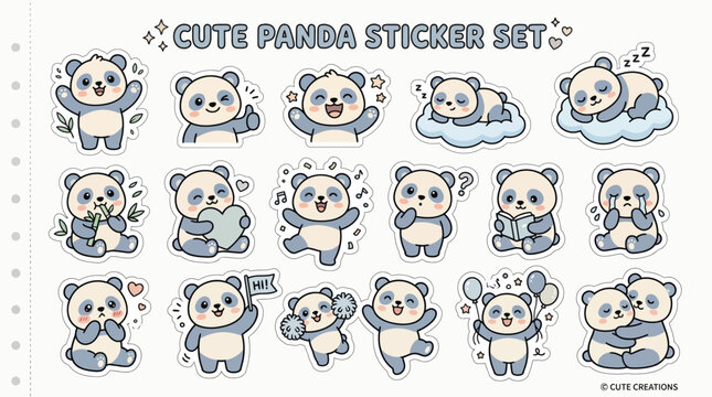 Cute panda bear sticker collection in various poses