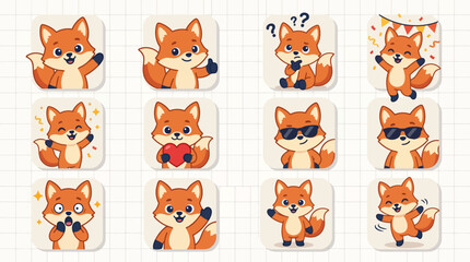 Fototapeta premium Red fox character stickers in various expressive poses and moods