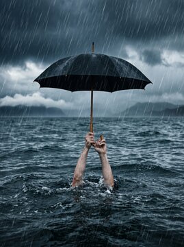 Struggling against nature hands holding umbrella in rainy sea dramatic scene emotional viewpoint