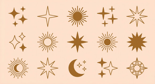 Celestial star and sun vector icons, set of 15 mystical gold celestial elements, bohemian sunburst and crescent moon shapes for branding and logos