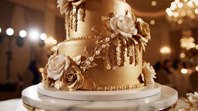 A lavish gold cake with white flowers on a marble stand in a luxurious event space
