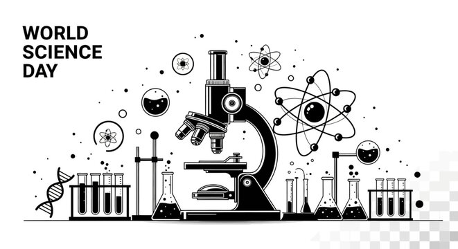Black and white microscope illustration science.