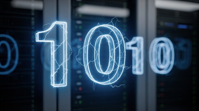 Glowing Binary Code Data Stream with Electric Energy