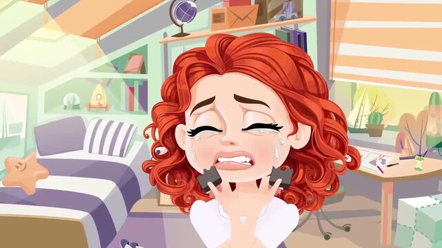 Sad Redhead Girl Crying on Bed in Bedroom 2D Animation Stock Footage