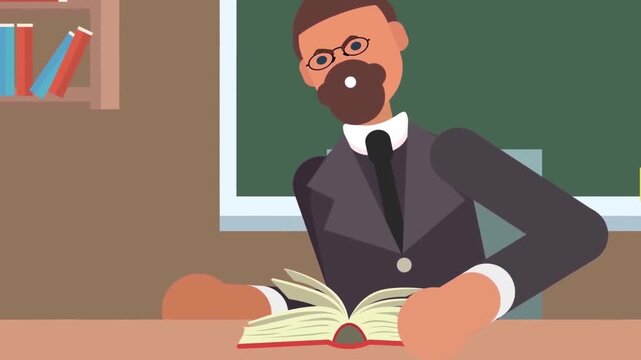 Male Teacher or Professor Reading Book at Blackboard Desk Animation