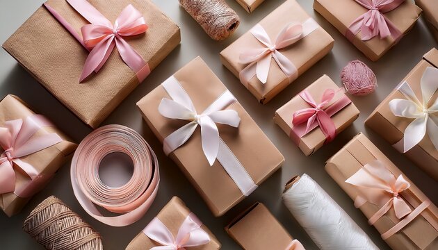 assorted brown paper packages with pink and white ribbons for gifting