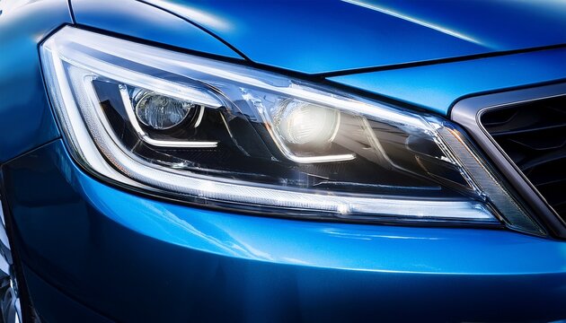close up of a sleek blue car headlight with bright white l e d daytime running lights automobile vehicle