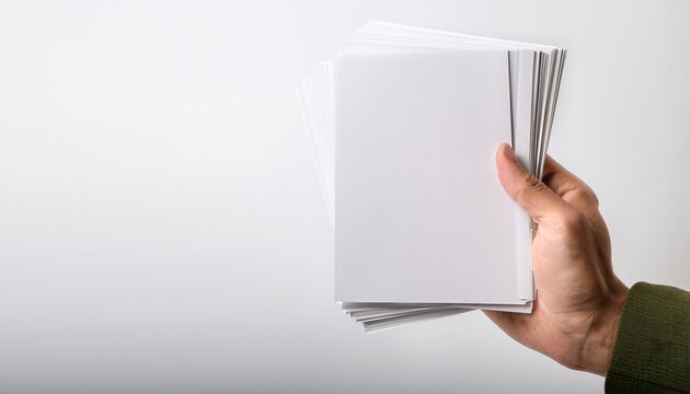 a hand holding a stack of blank white papers against a white background