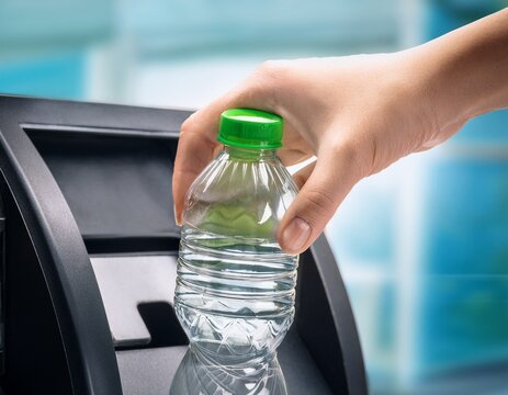 hand inserting clear plastic water bottle with green cap into recycling machine slot image
