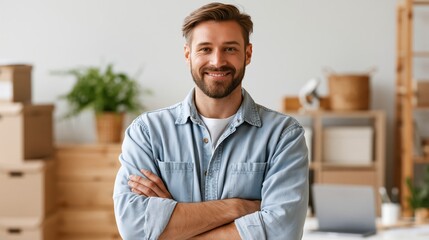 Fototapeta premium Smiling man with arms crossed in a room with moving boxes and shelves