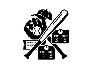 Fototapeta premium Black and white graphic illustration of baseball equipment including a bat, glove, ball, cap, tickets, and scoreboards.