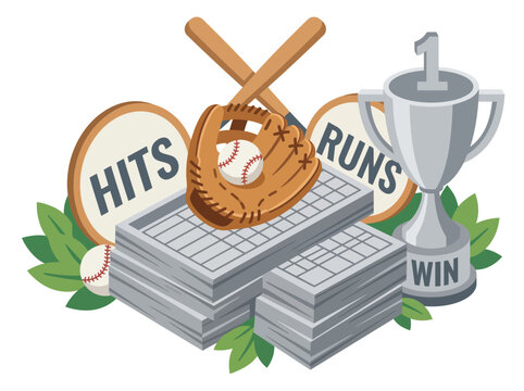 Isometric illustration of baseball equipment, score indicators, and a winner's trophy, symbolizing victory and game statistics.