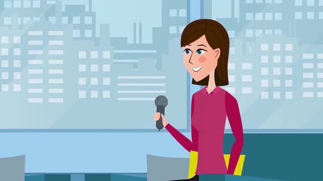 TV News Anchor Interviewing Smart Businessman on City Backdrop Stage