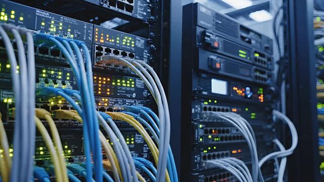 Server Room Network Cables and Equipment Rack Technology.